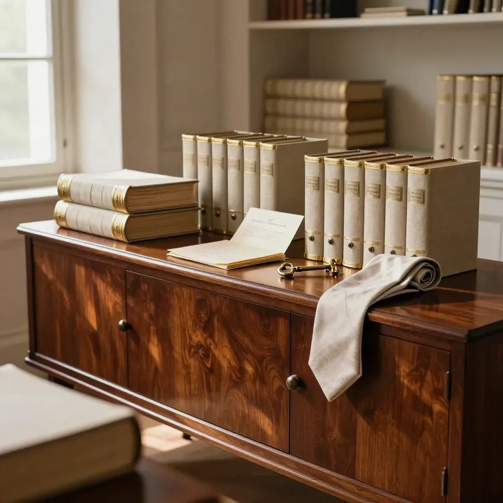 Mahogany sideboard with trust archives, sealed estate packet and brass key in warm window light.