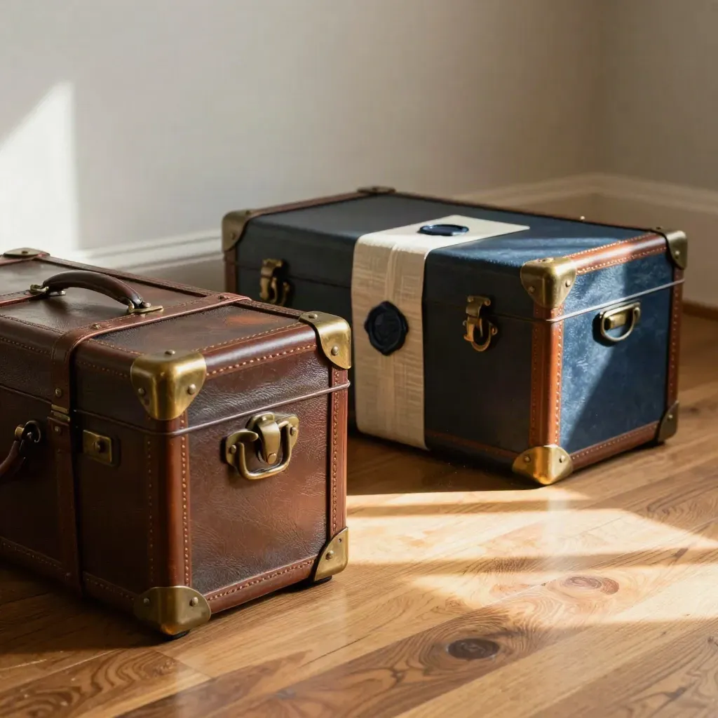 Estate trunks and a sealed file box in a sunlit probate anteroom, seen from floor level.