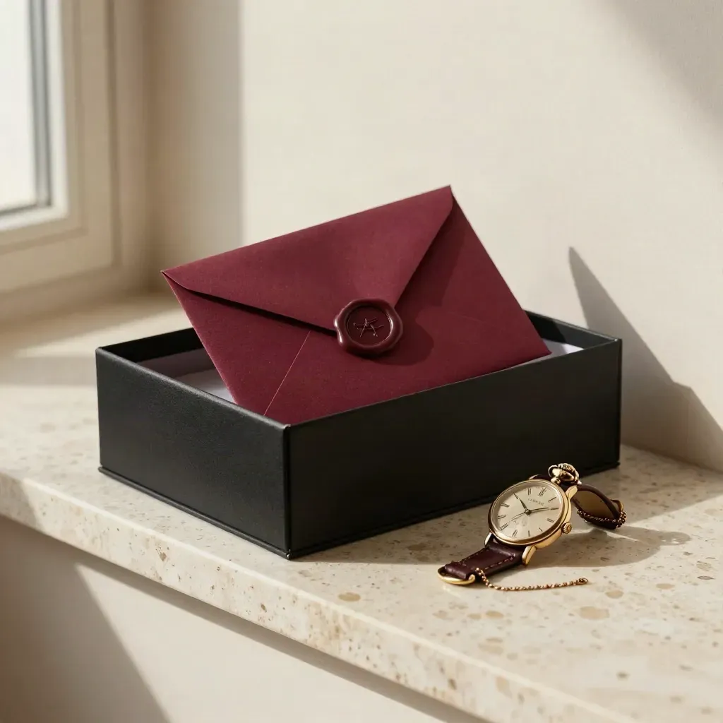 Black archive box, wax-sealed envelope and heirloom watch on travertine ledge