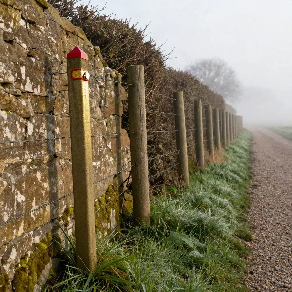 Boundary marker, stone wall and fence line in cool mist along a clarified property boundary.