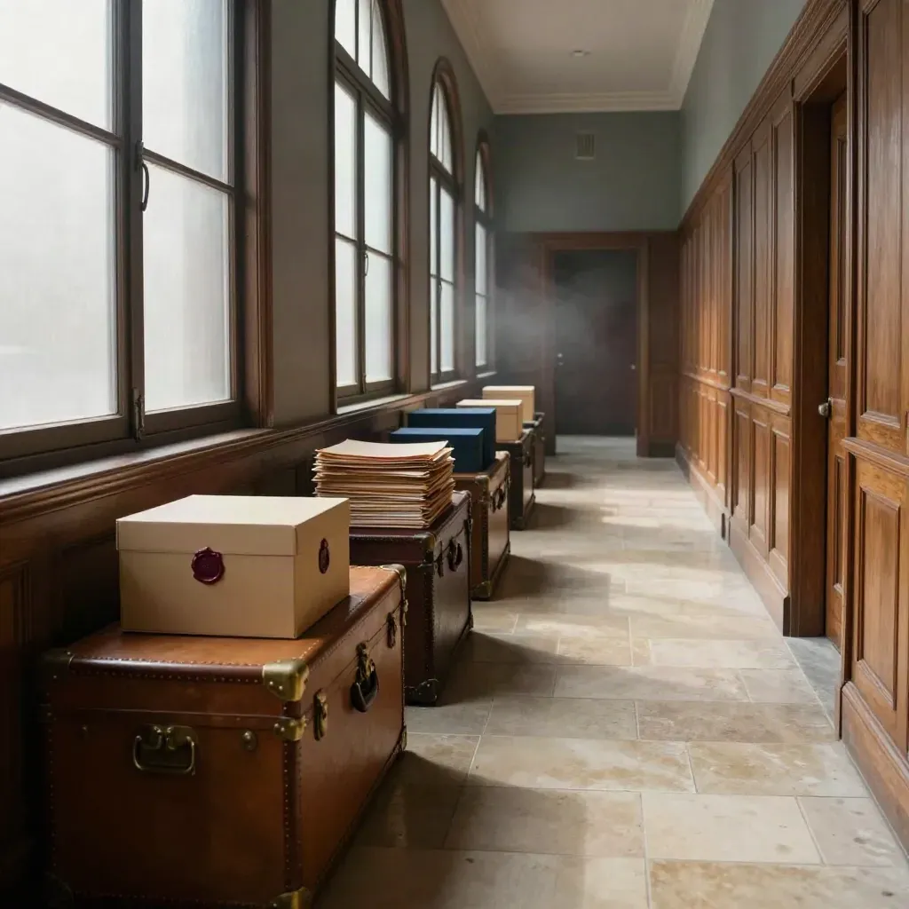 Empty probate corridor with estate trunks, sealed file box and sunlight on the floor.