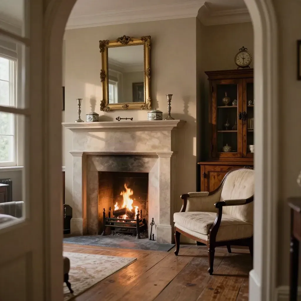 Restored Georgian sitting room with fireplace, mantel key, and heirlooms in warm evening light.