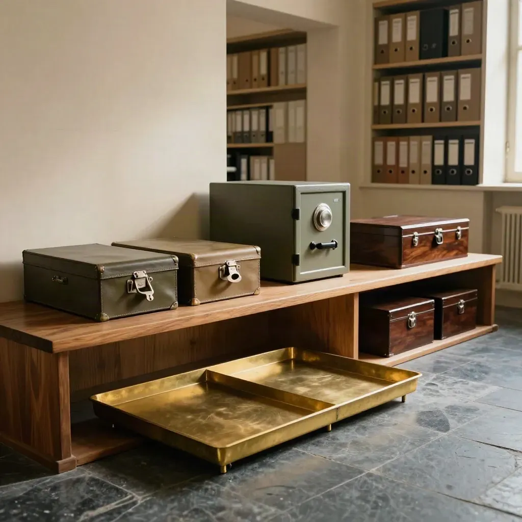 Two archive sets, brass tray and closed safe in a moody legal workroom