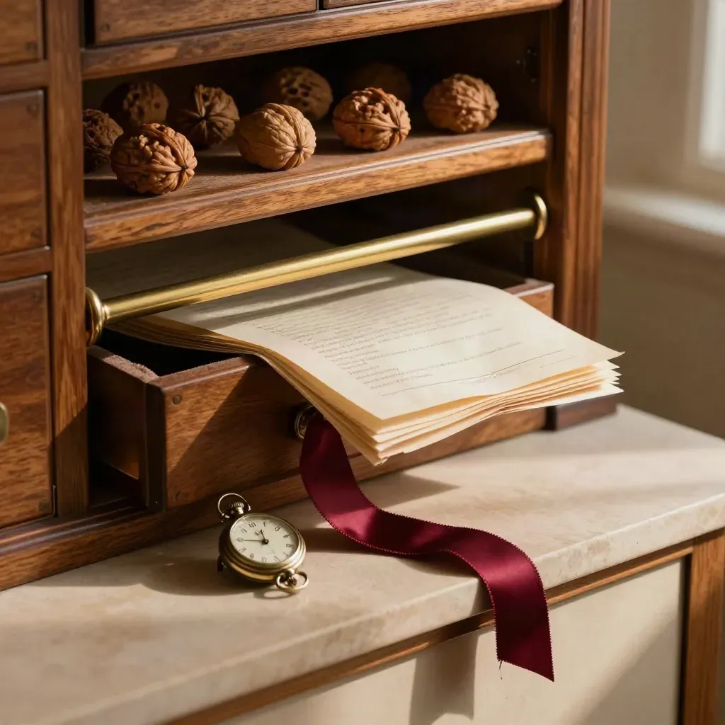 Archive cabinet with a clipped claim bundle and family watch in warm late-day light.