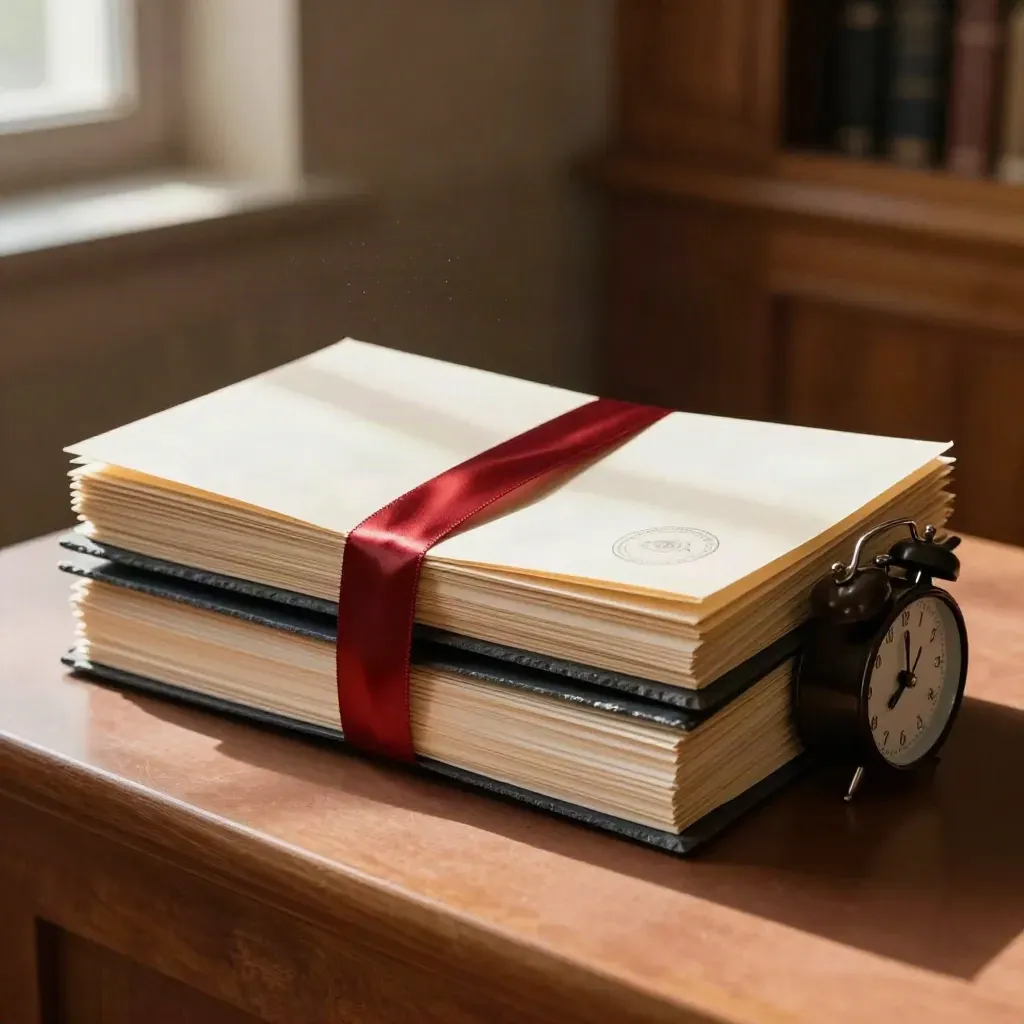 Sealed court bundle with red ribbon, separated file stacks and a dark clock in warm window light
