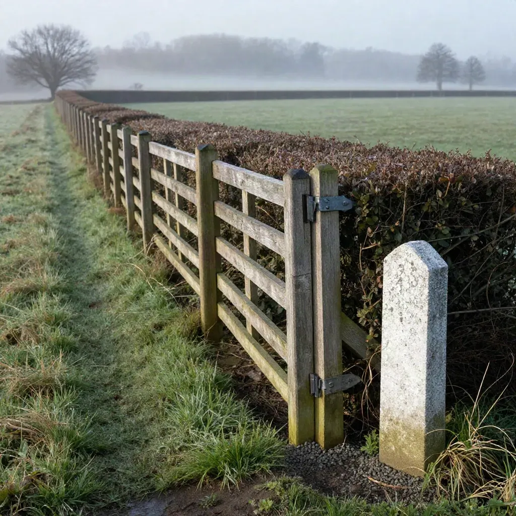 Repaired fence line, hedge edge and boundary stone in misty dawn field