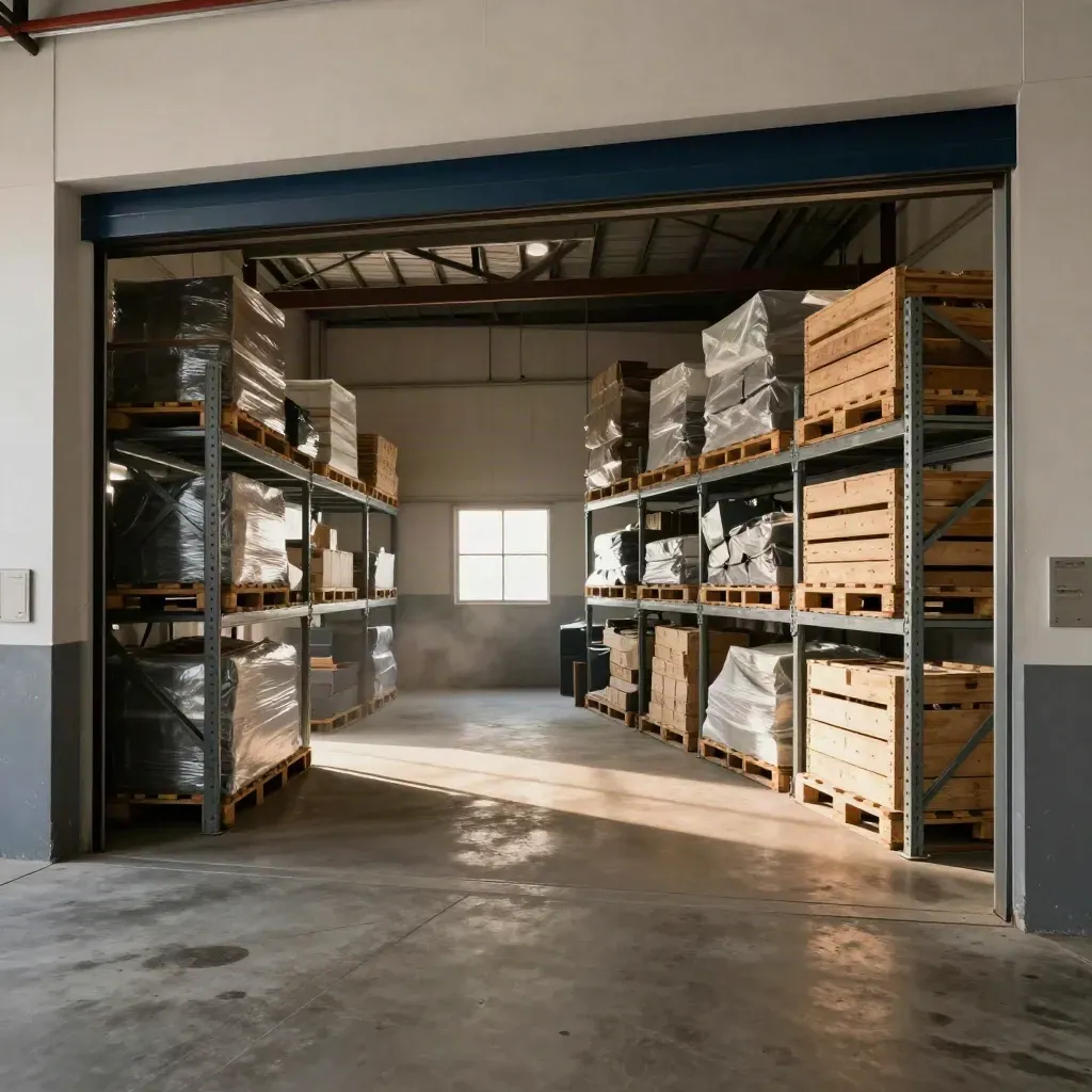 Split industrial unit with two tidy storage bays and clear aisles in dramatic warehouse light.