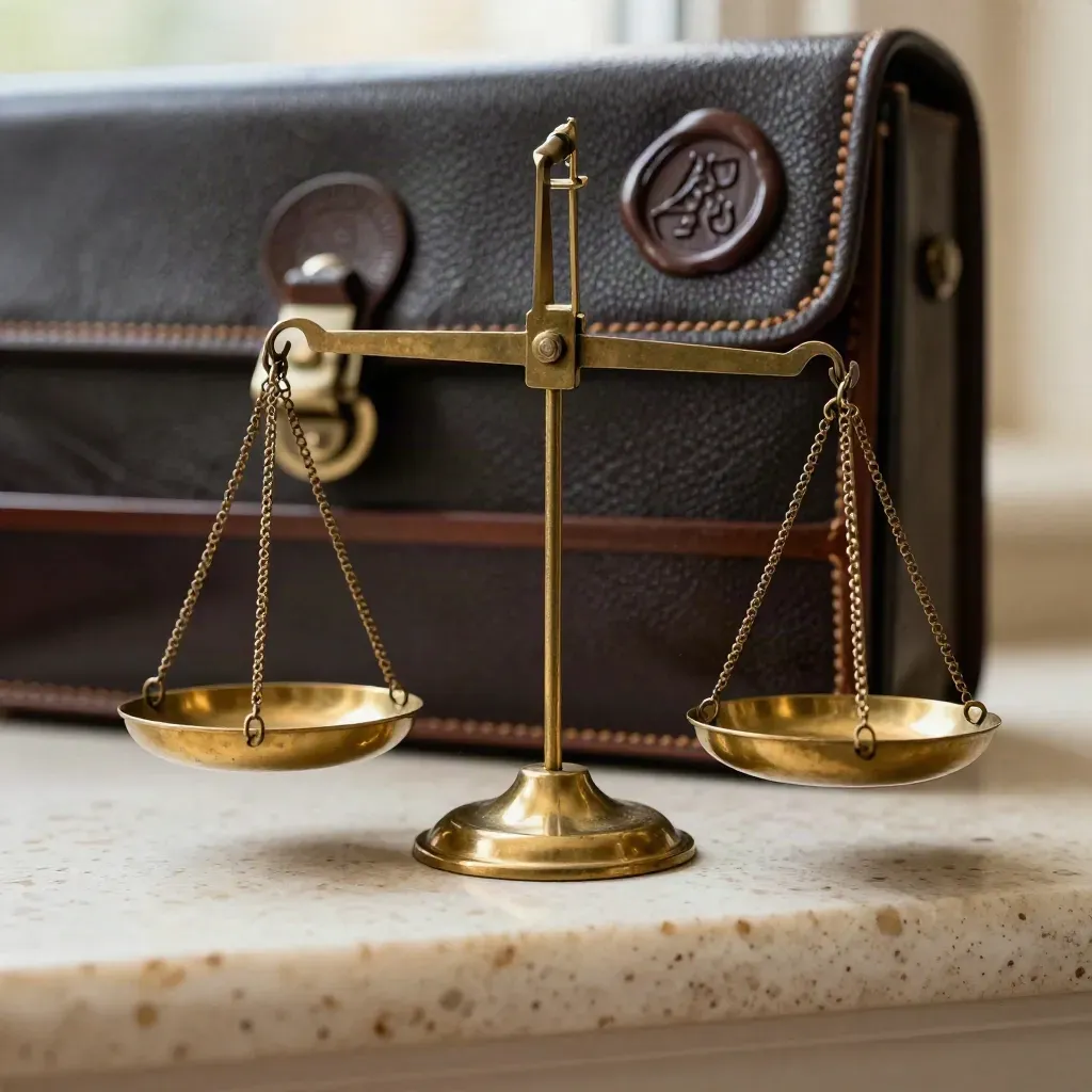 Macro of brass balance scales, leather case and wax seal stamp on travertine.