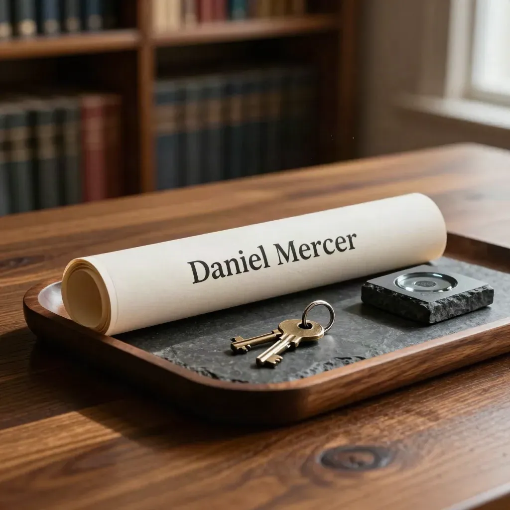 Walnut tray with a rolled plan tube, slate paperweight and keys in dramatic law-office light.