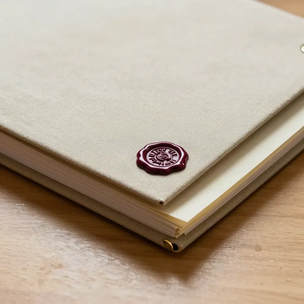 Linen legal folder edge with brass fastening, burgundy wax seal and cream blotter on pale oak.