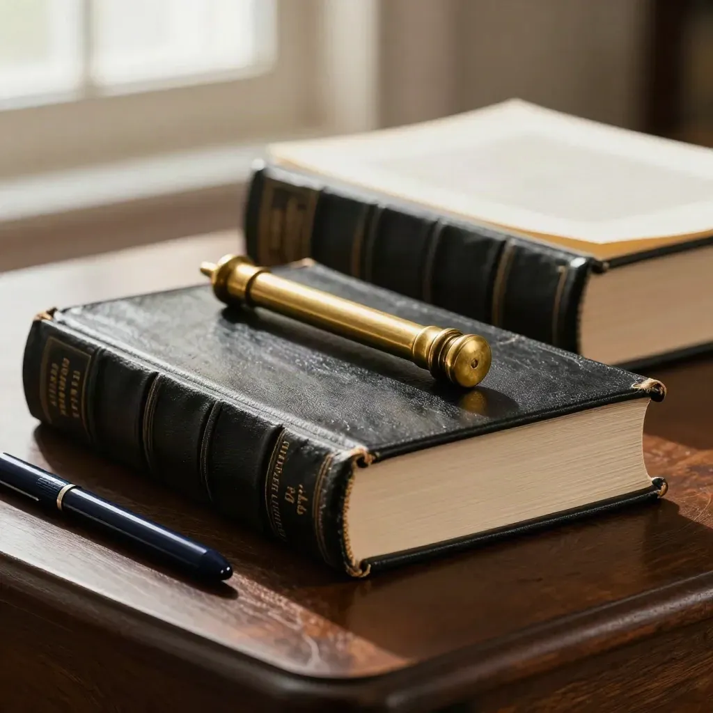 Black-bound case books and brass page weight on dark oak in soft daylight