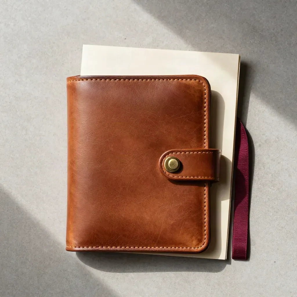 Leather document wallet with brass clasp, ribbon, and papers on concrete, top-down flatlay