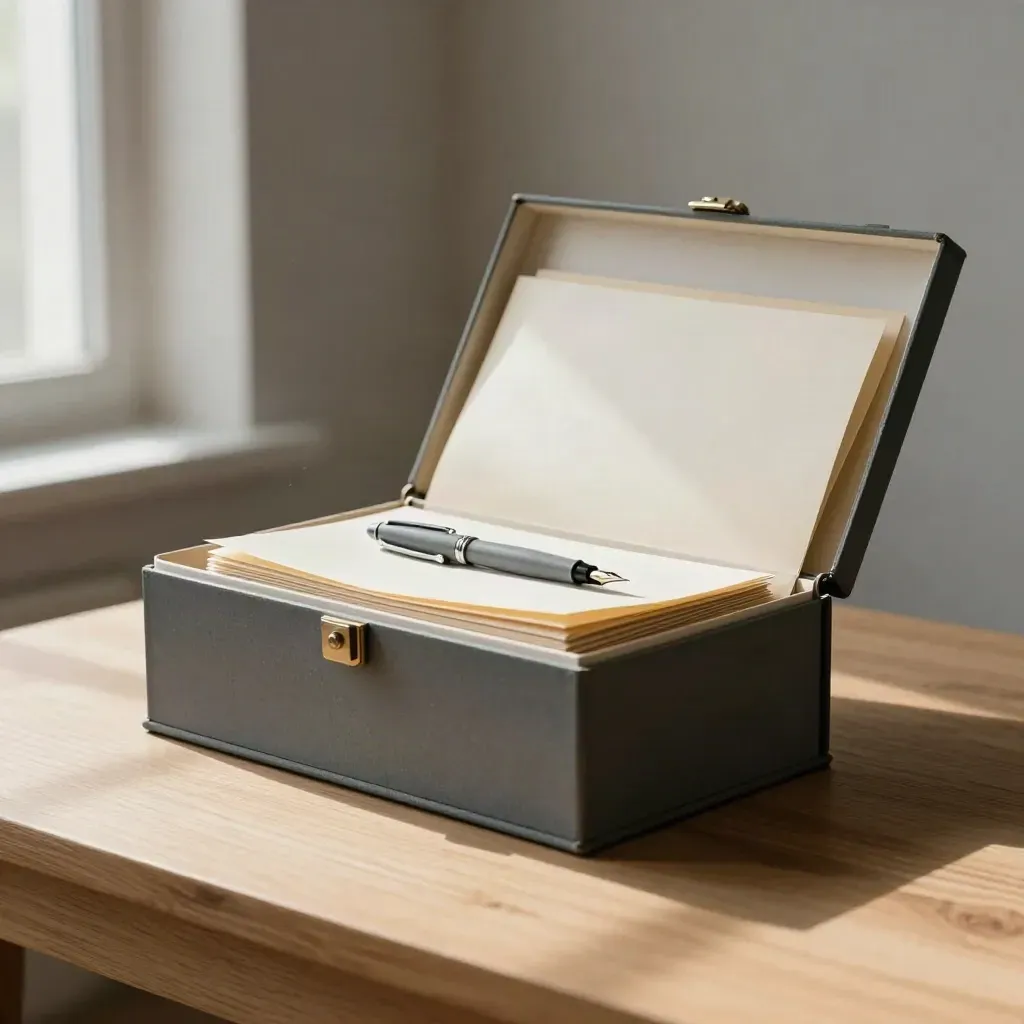 Open case box with dividers and a fountain pen on pale wood, lit from the side.