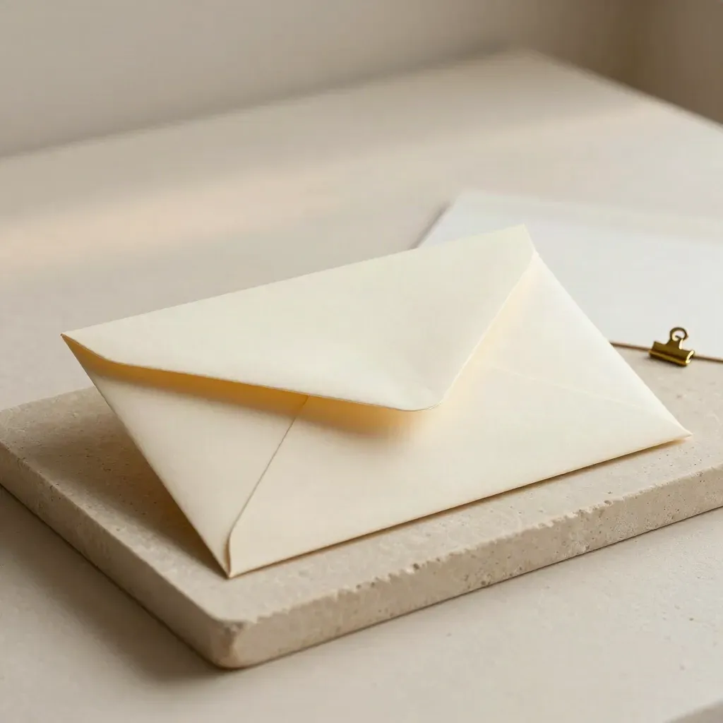 Sealed quote envelope beside a cream folder and brass clip on a stone tray.