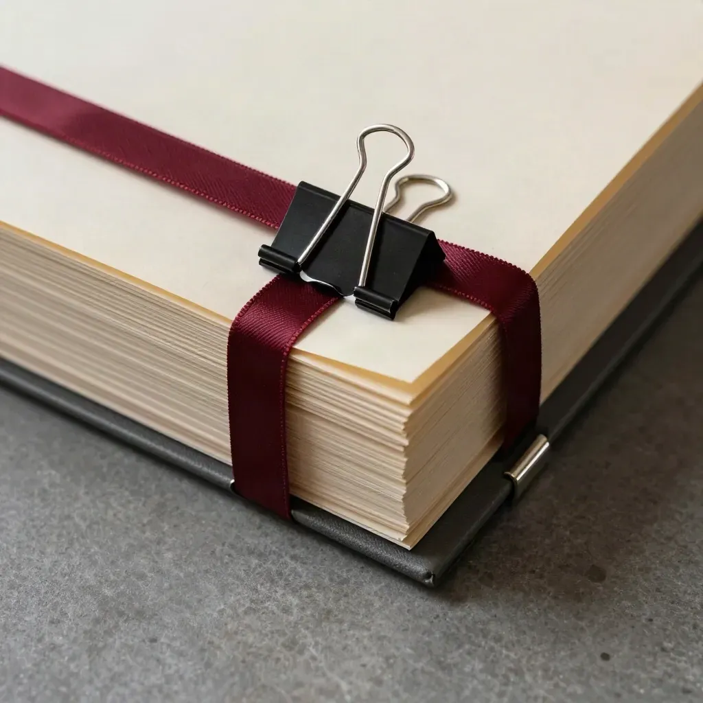 Clipped legal case bundle tied with burgundy ribbon on stone, viewed from above.