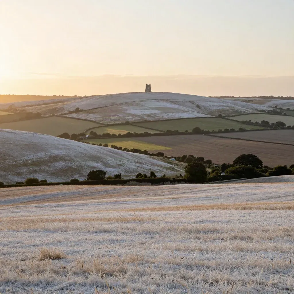Chalk downs with a flint church tower above calm fields under a hazy pale sky.
