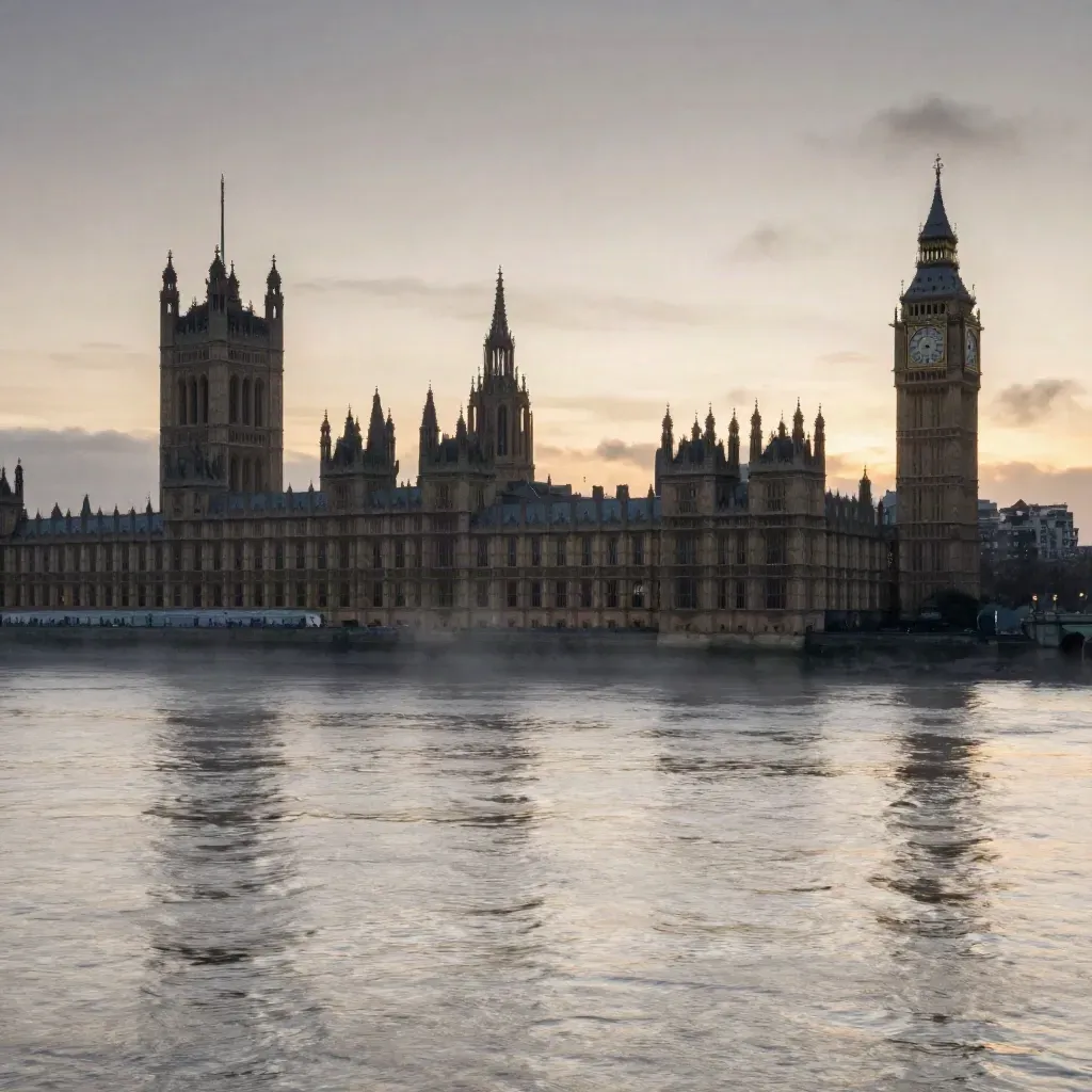 Westminster and London skyline above a misty Thames at dusk
