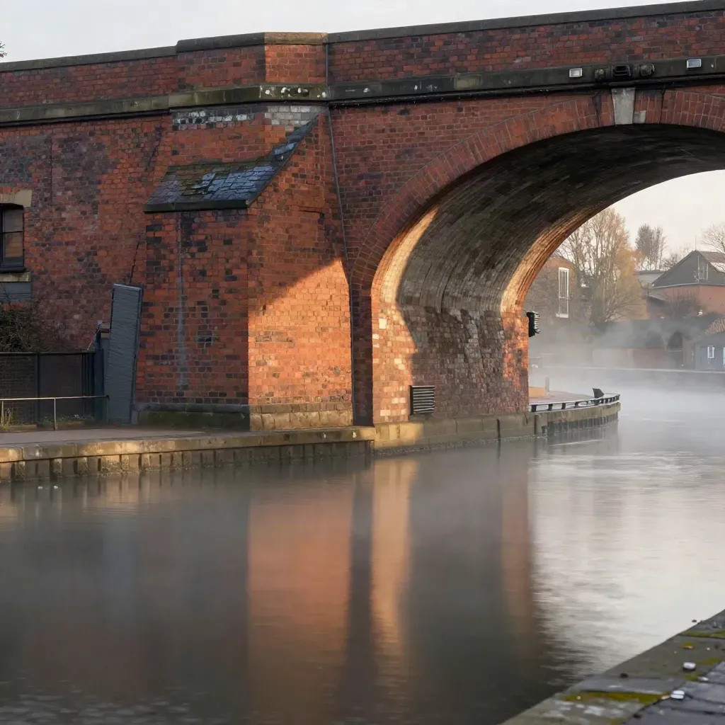 Hazy West Midlands viaduct over canal water with brick texture and calm copy space