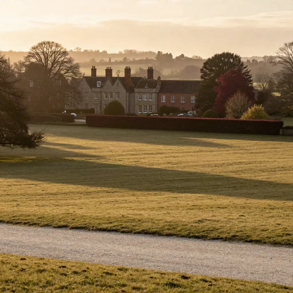 Home Counties parkland, manor roofline and hedges in warm golden autumn light